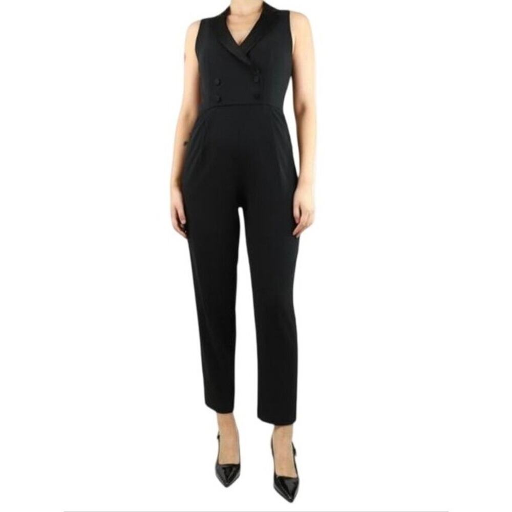 TOBI Womens Black Sleeveless Notch Lapel Snap Front Tapered Leg Jumpsuit Large